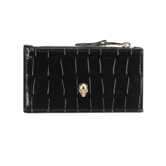 Alexander McQueen Croc-Embossed Leather Skull Card Holder Black Gold - Picture 2 of 8